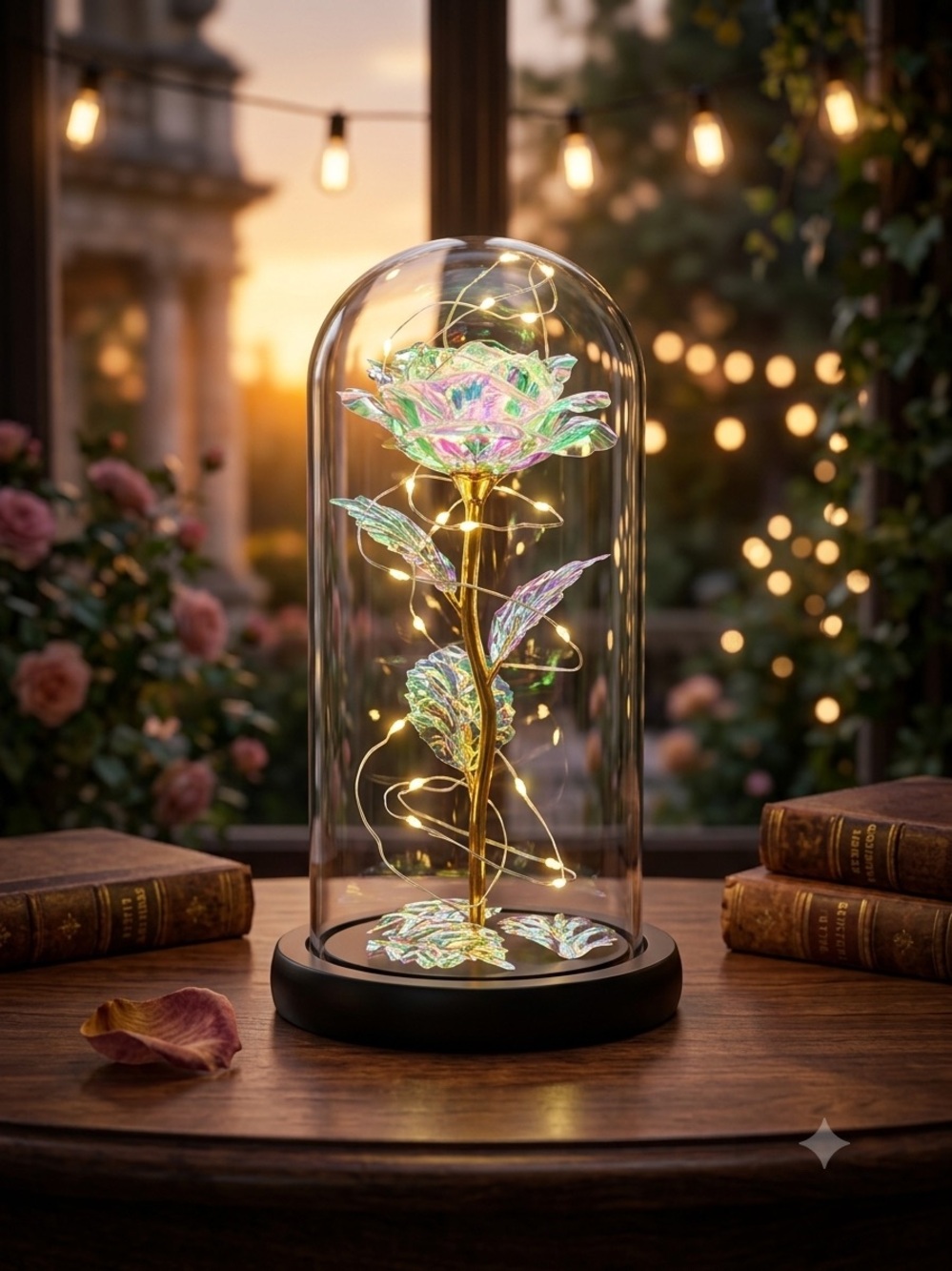 Iridescent Pink & Green Glass Rose Dome with Gold Stem